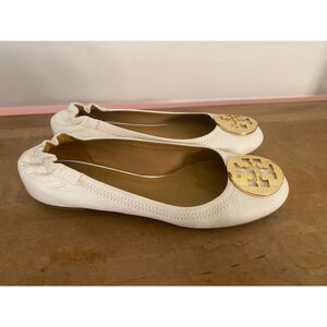 Tory Burch size 6 Off-White Gold Leather Reva Scrunch Ballet Flats women’s shoes